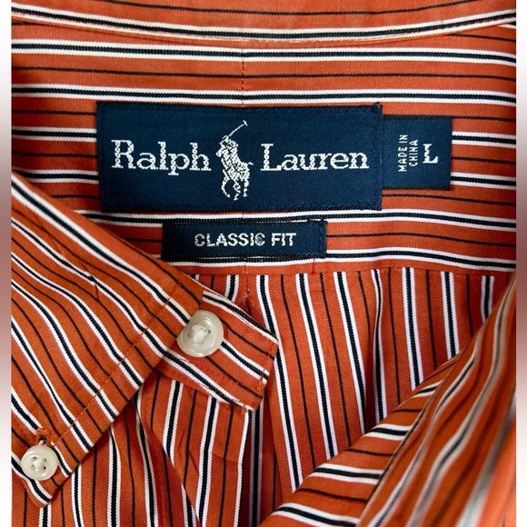 VTG Ralph Lauren Shirt Mens L Orange White Navy Striped Button Down Classic Fit - Picture 1 of 7
